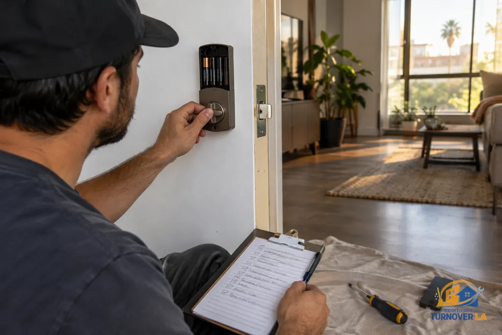 Technician tests smart lock alignment and strike plate during an LA apartment turnover
