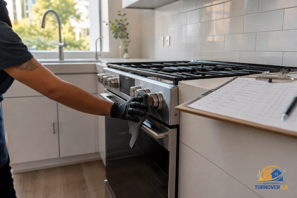 Detail of kitchen appliance wipe-down with checklist during professional LA move-out cleaning