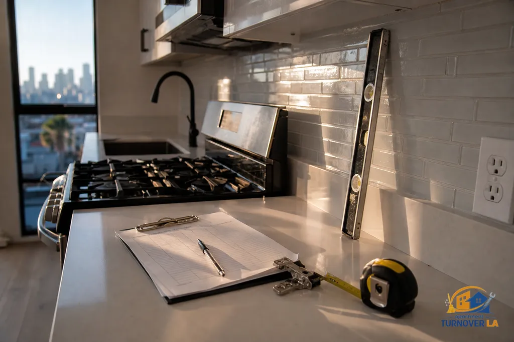 Kitchen punch list and tools set for hinge replacement in a Los Angeles apartment, showing scope planning for handyman work