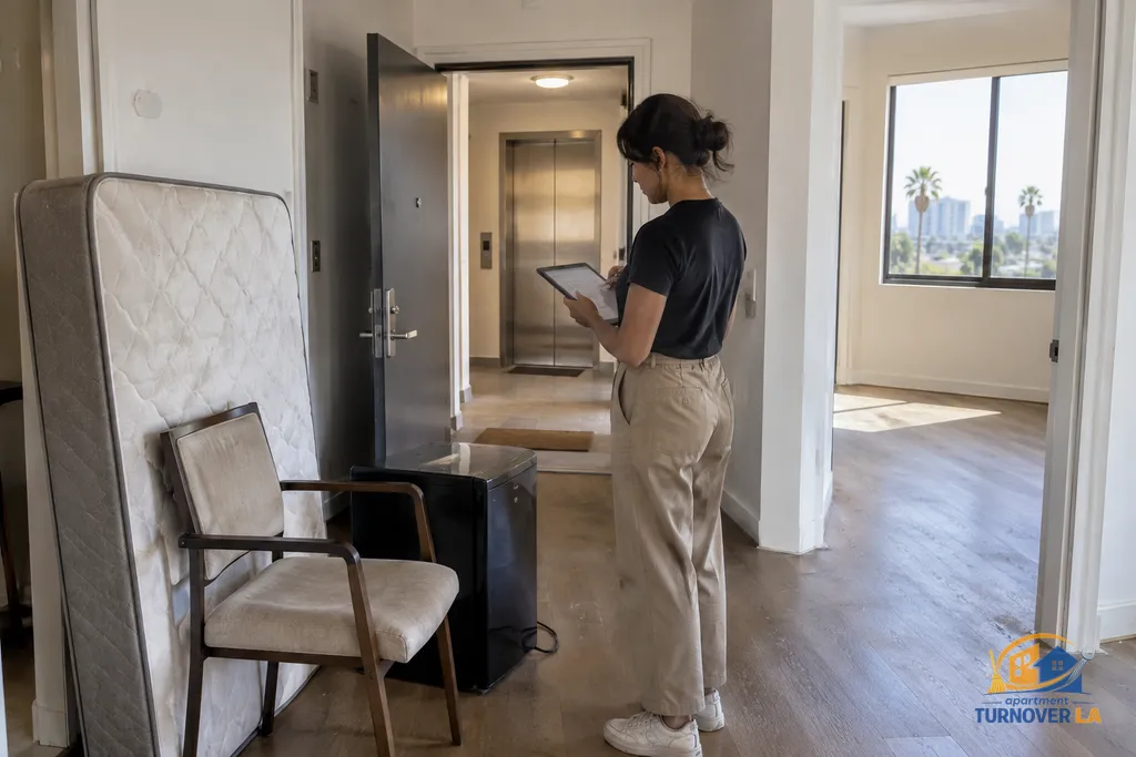 Property manager documents furniture before a Los Angeles apartment cleanout