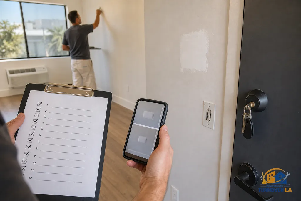 Punch list checklist and before and after photos next to a fresh drywall patch and newly rekeyed deadbolt in an LA studio turnover