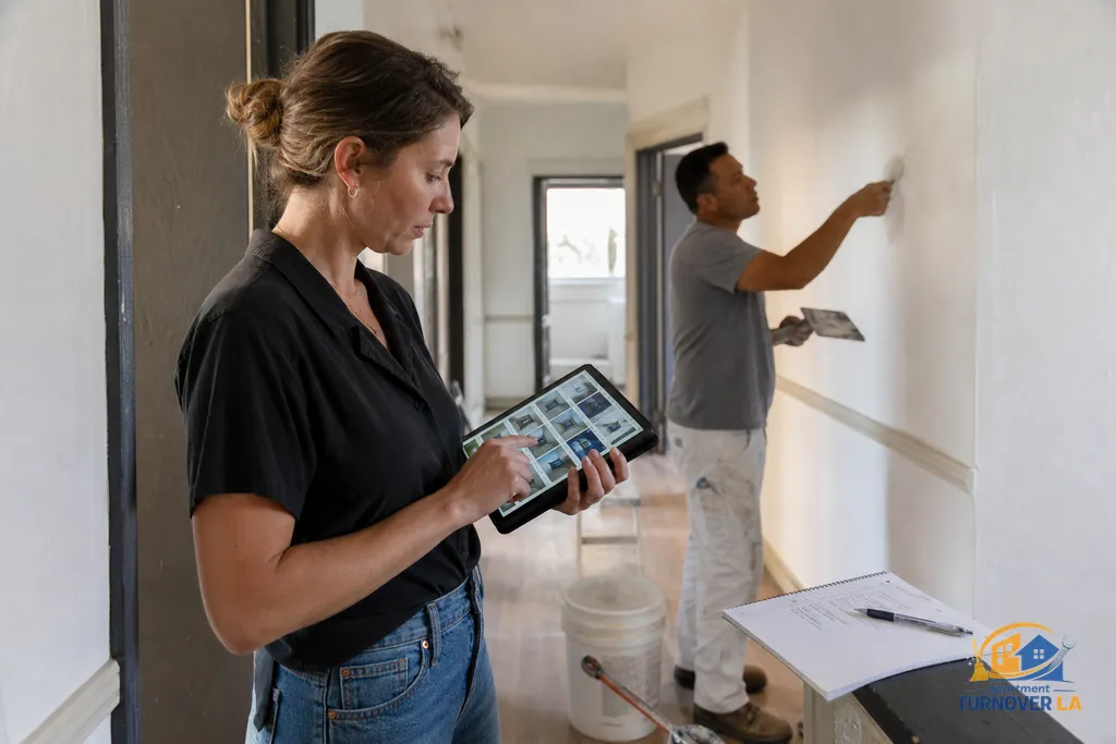 Property manager reviewing a 12-point photo report while a handyman patches drywall in a Hollywood hallway
