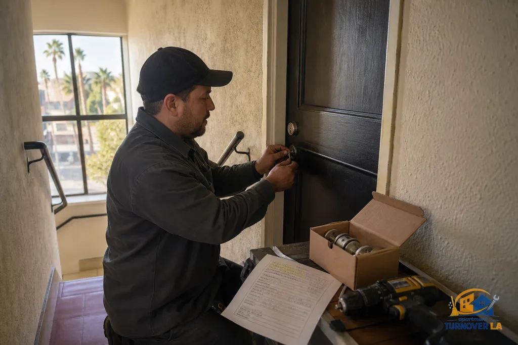 Tech rekeying front door and deadbolt in a Hollywood four-plex during a fast 48-hour apartment turnover sequence