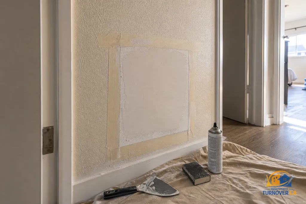 Medium drywall repair around a plumbing access cutout in a Hollywood hallway, taped, mudded, and textured to blend