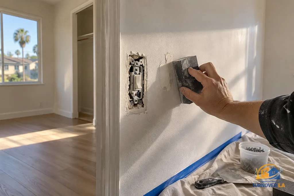 Drywall patch and switch plate prep before painting a Los Angeles apartment bedroom