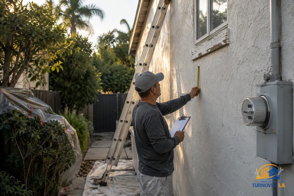 Contractor measuring stucco and trim repairs for a California exterior paint estimate