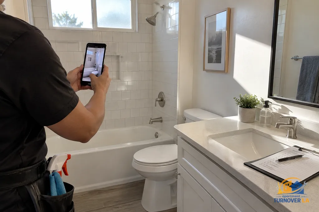 Bathroom turnover cleaning inspection with photo documentation in a Los Angeles rental