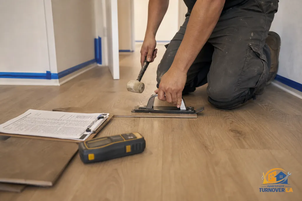Technician reseating a laminate joint in a Los Angeles rental hallway with tools, painter tape on baseboards, and a moisture meter nearby.