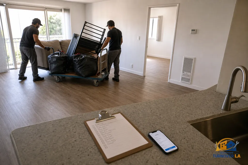 Inside a West Hollywood apartment during a unit cleanout with furniture and bagged trash being removed before staging for pickup