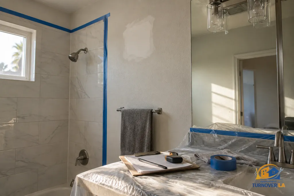 Drywall patch and paint preparation above a shower in an LA rental bathroom
