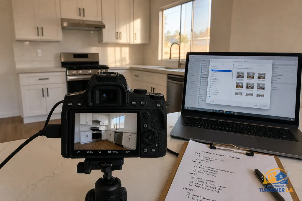 Camera and laptop during a rental listing shoot in an LA kitchen, showing a live preview and a turnover workflow checklist