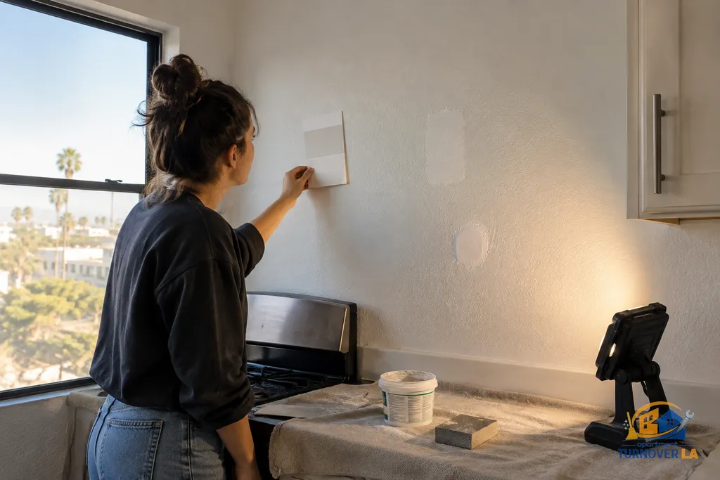 Paint matching test patch on a textured LA rental apartment wall before repainting