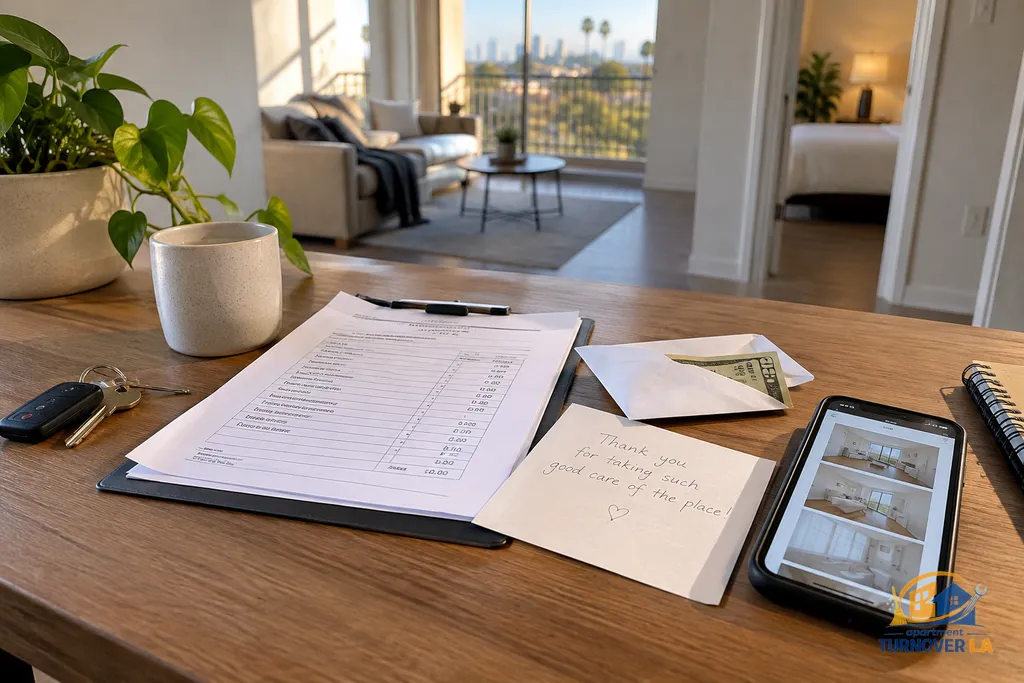Cleaning invoice and tip envelope used during an LA move-out turnover inspection