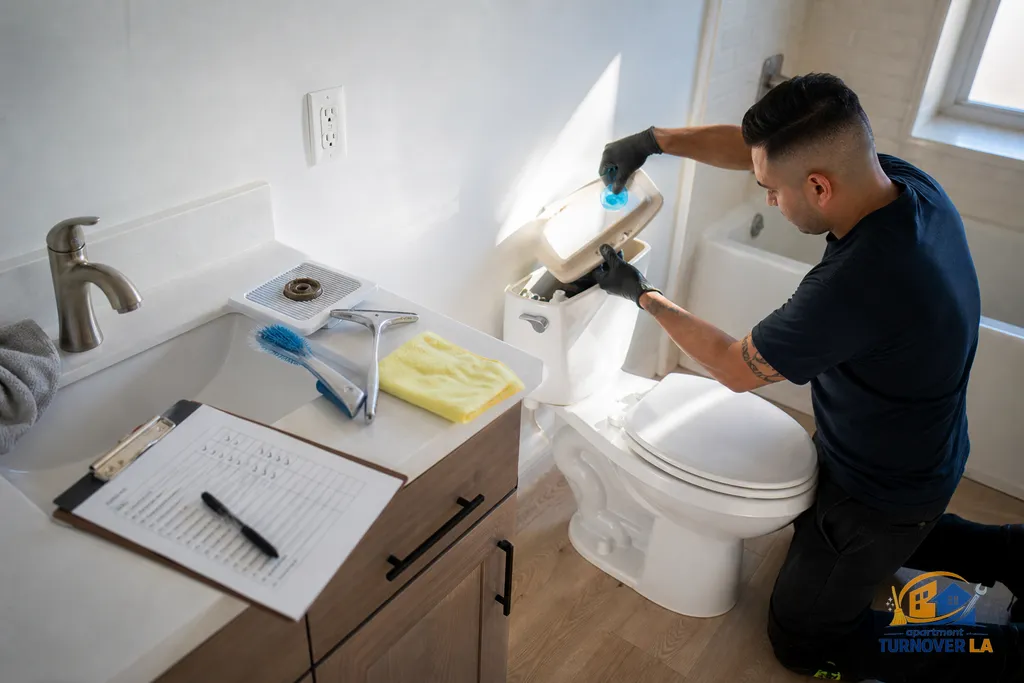 LA rental bathroom during turnover deep clean with exhaust fan cover removed and checklist steps being marked off