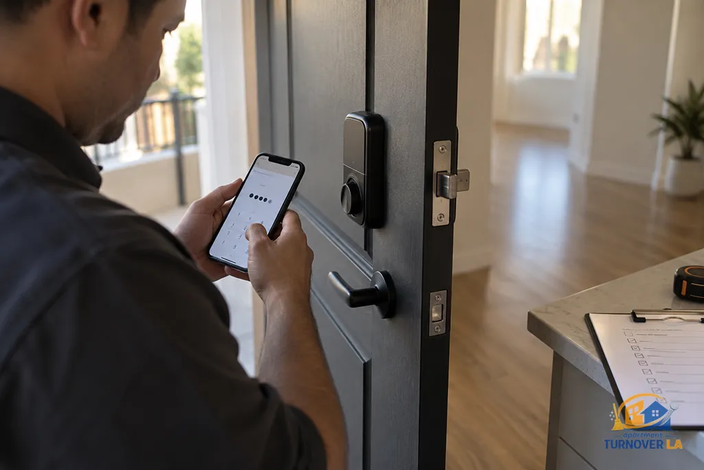 Technician testing smart lock alignment during an LA apartment turnover