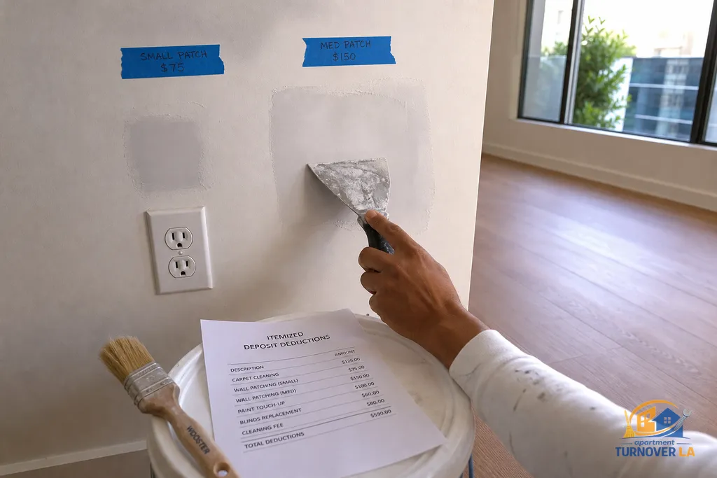 Drywall patch and prime near an outlet in a West Hollywood 1BR, with labeled small and medium repairs and an itemized deduction form