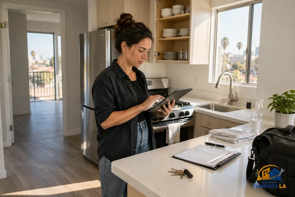 Rental listing photo shot list reviewed in a rent-ready Los Angeles kitchen