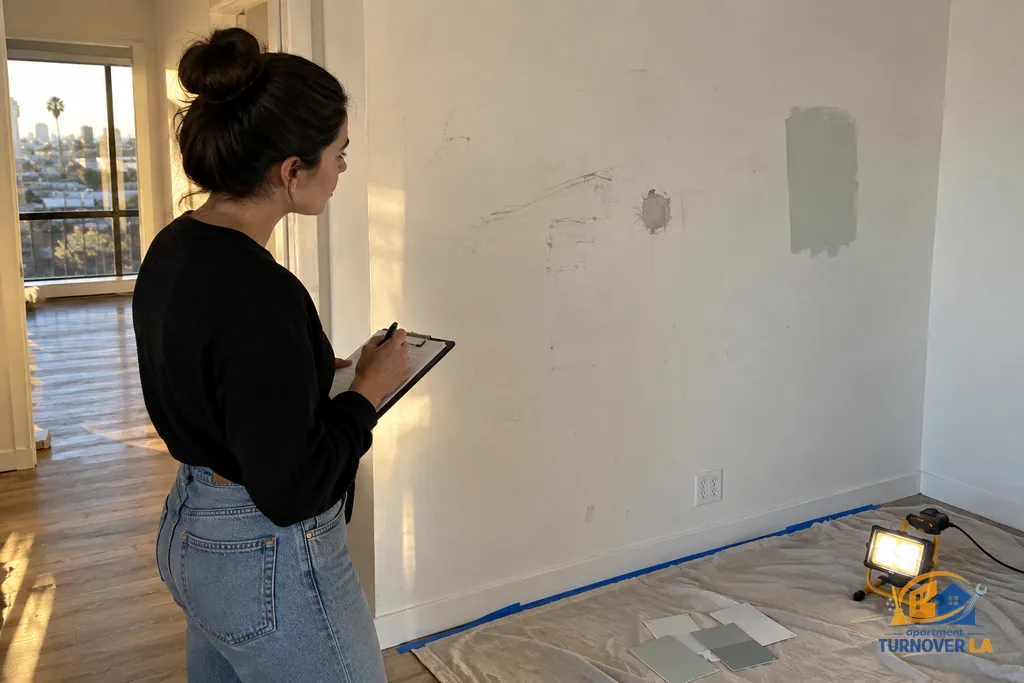 Apartment wall inspection showing scuffs and drywall repair before LA repainting