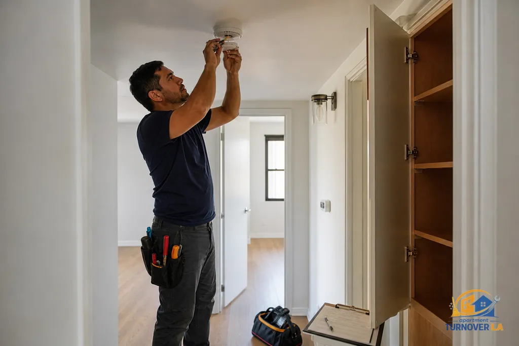 Handyman completing a mid-lease safety tune-up in an LA apartment hallway with a visible maintenance checklist