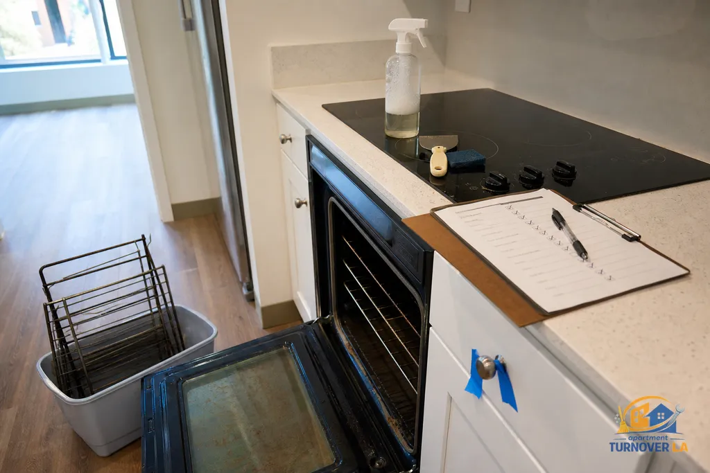 LA apartment kitchen mid-turnover with a printed checklist on the counter and oven parts soaking, plus blue tape notes for repairs
