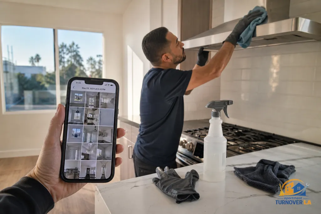 Kitchen turnover cleaning in progress with stainless hood wipe down and phone open to a photo report capture screen