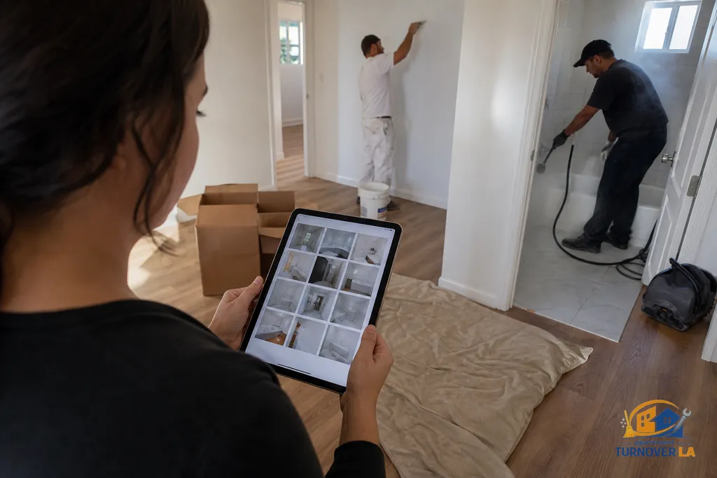 Manager reviewing a 12-point photo report on a tablet while crew completes touch-up paint and bath detailing in an LA rental
