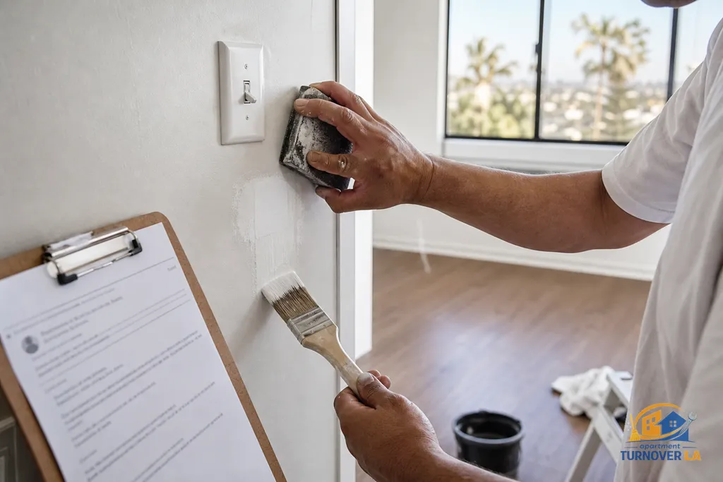 Detail of drywall patch and color-matched touch-up near a switch plate in a Los Angeles rental unit, tools and approval paperwork nearby