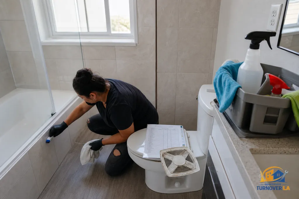 Detail cleaning of an LA apartment bathroom during move-out, including grout scrubbing and vent cover cleaning with a visible checklist