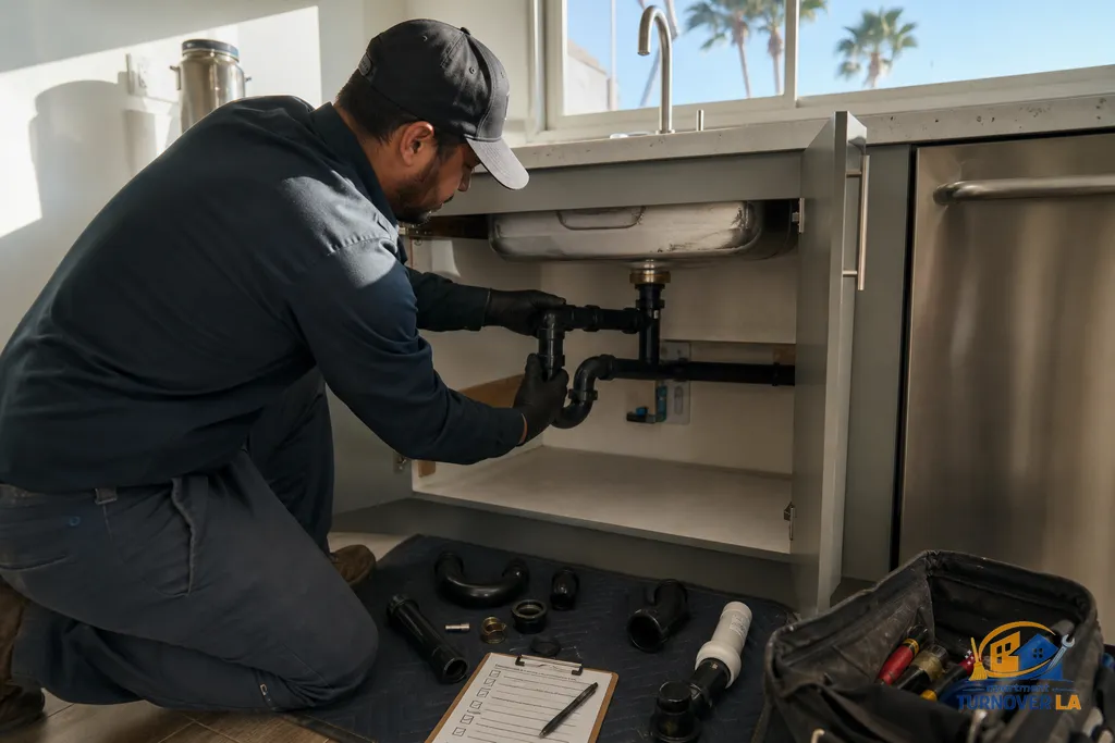 Detail of under-sink repair in an LA apartment kitchen with checklist and tidy tools during a handyman punch list