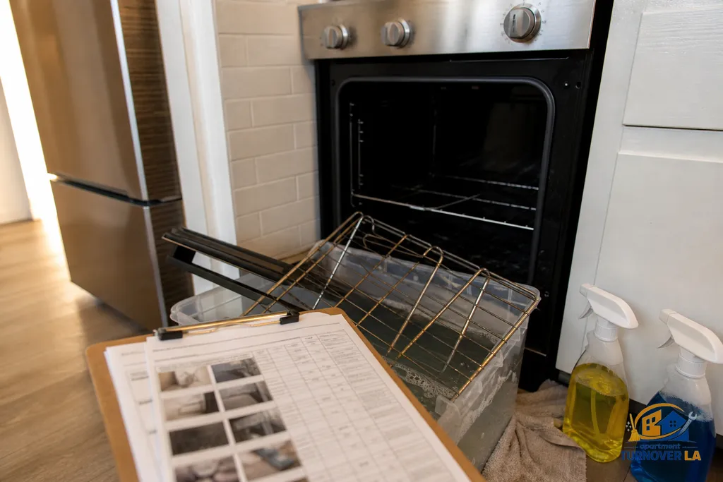 Oven racks soaking and a 12-point photo checklist on a counter during Los Angeles move out deep clean steps