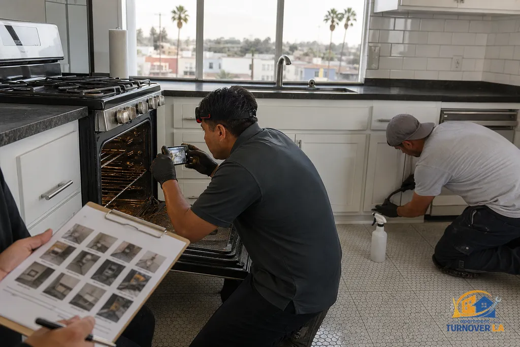 Technicians documenting and deep cleaning a kitchen with a 12-point photo report in a West Hollywood unit