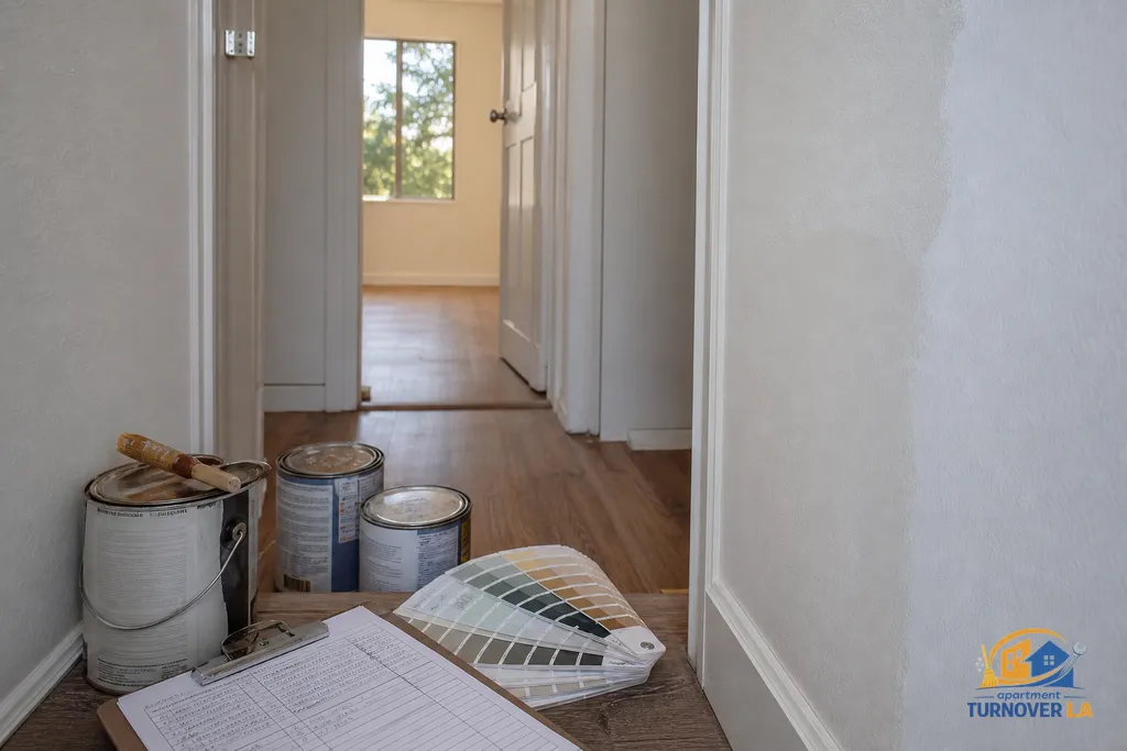 Paint color and sheen log with labeled cans and a clean touch-up blend on a hallway wall in a Los Angeles rental
