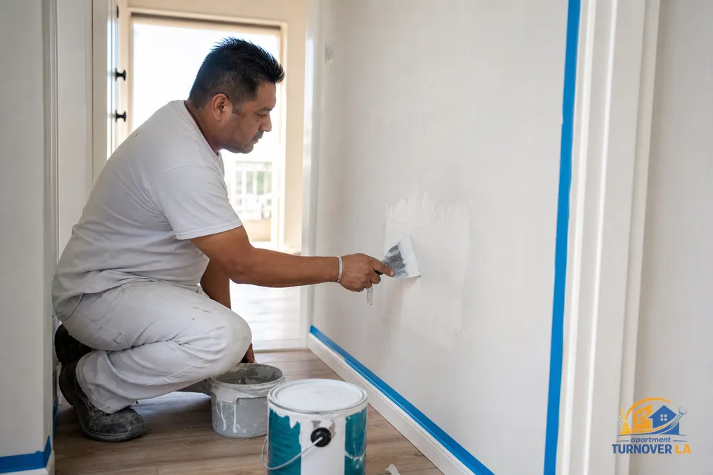 Detail of a drywall patch being textured and primed in an LA apartment hallway before repainting, with taped baseboards and labeled paint can
