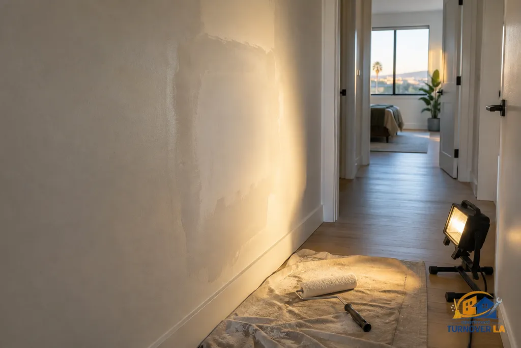 Sanded drywall repair checked under angled light before paint touch-up in an LA rental