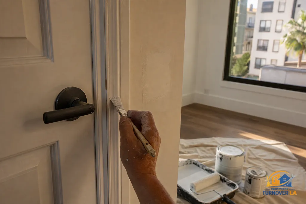 Detail of precise cut-in along door casing with a nearby drywall patch prepped for paint in a Koreatown apartment